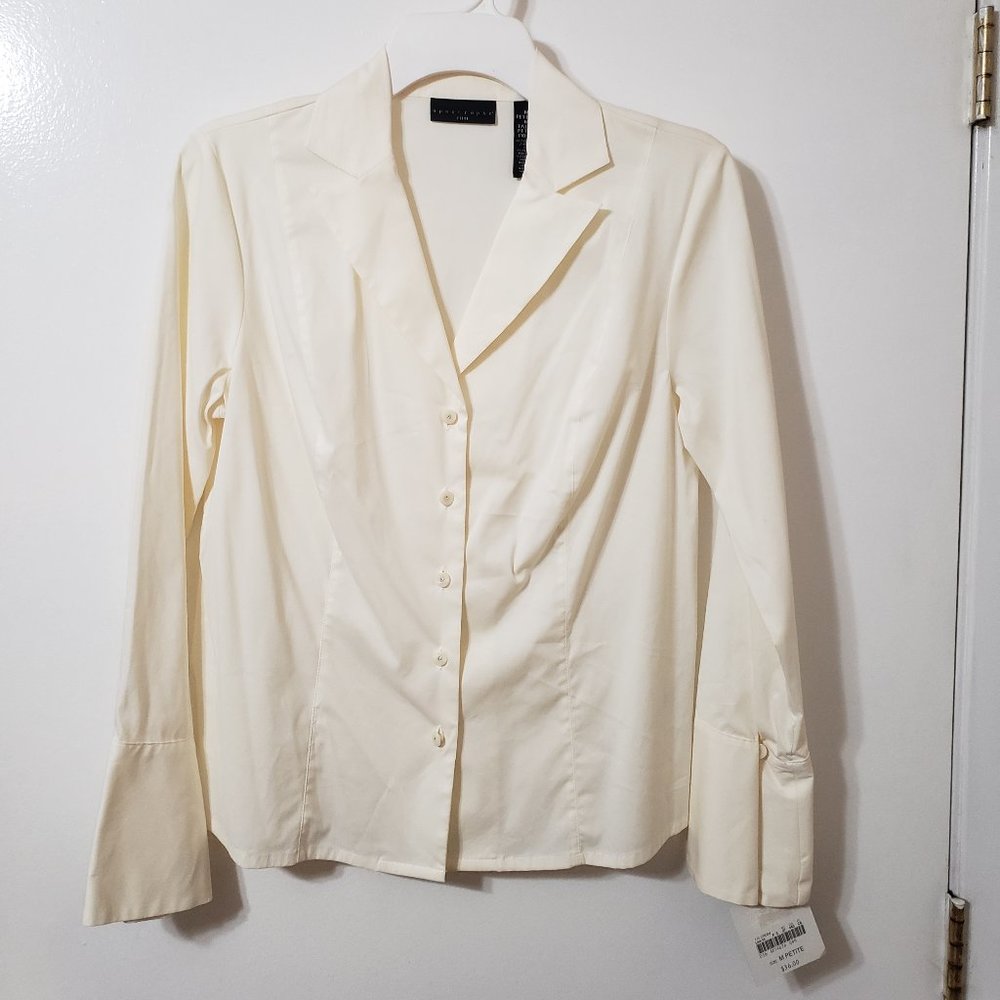 NWT apostrophe Cream Blouse with Crystal Buttons & Bell Sleeves